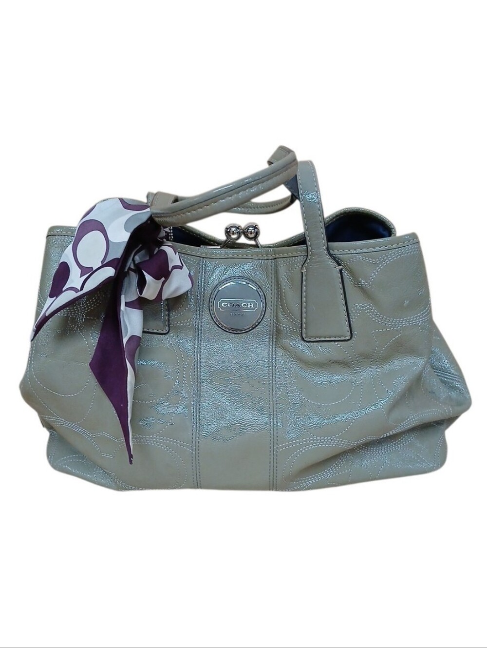 COACH F15658 Patent Leather Kiss Lock Tote with Purple-Trim Scarf